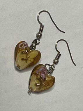 Purple & Gold Glitter Floral Rose Lampwork Glass Heart Fish Hook Earrings 1.6"